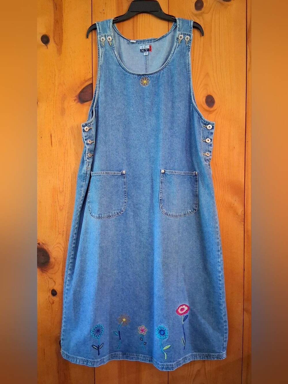 J.L.N.Y Denim Vintage Floral Embroidered Sleeveless Jeans Maxi Dress Plus 2X